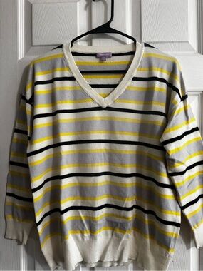 Purple Lava Striped V-Neck Sweater in Yellow, Black, Gray and Cream
